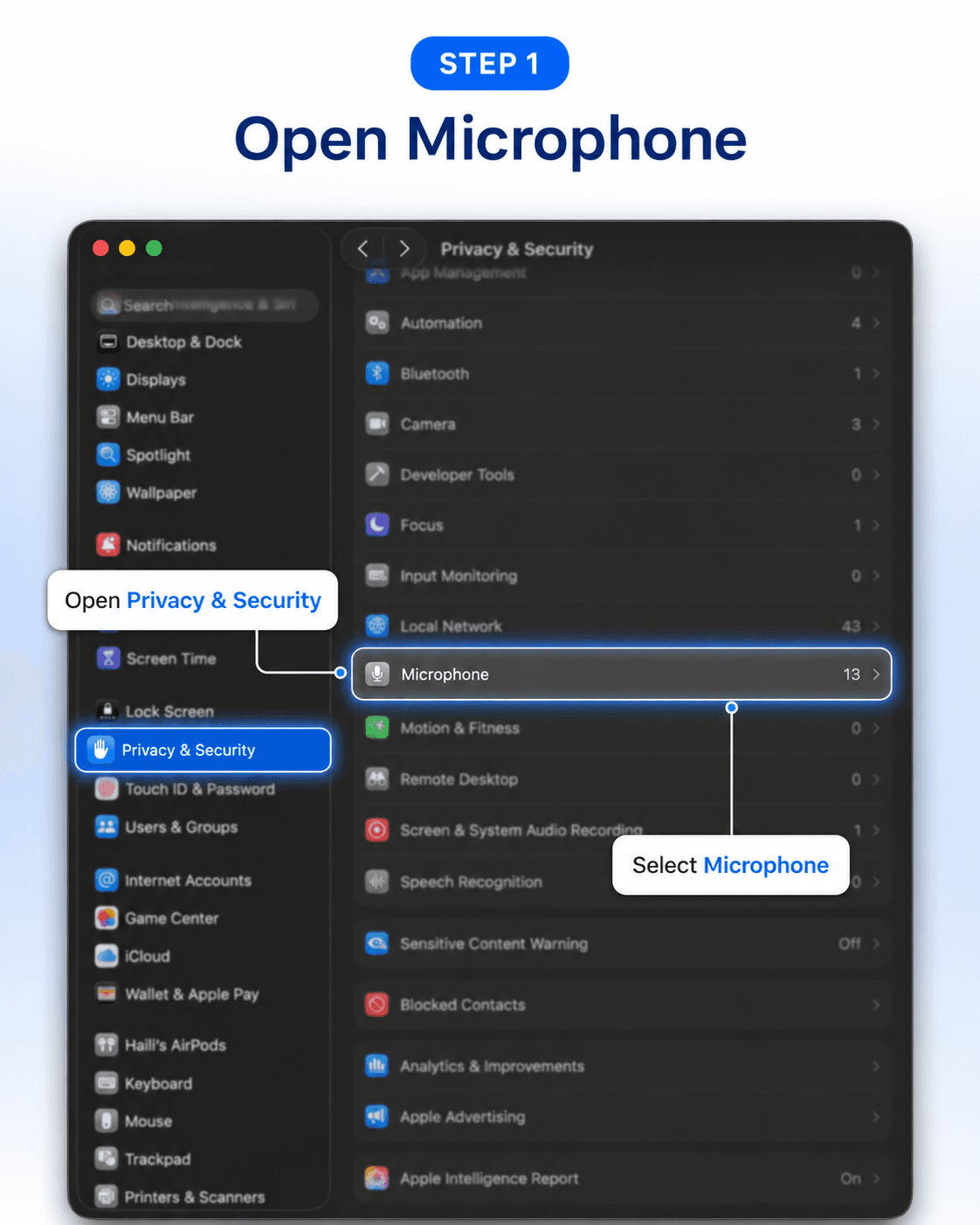 Step 1 — in Privacy & Security, select Microphone.