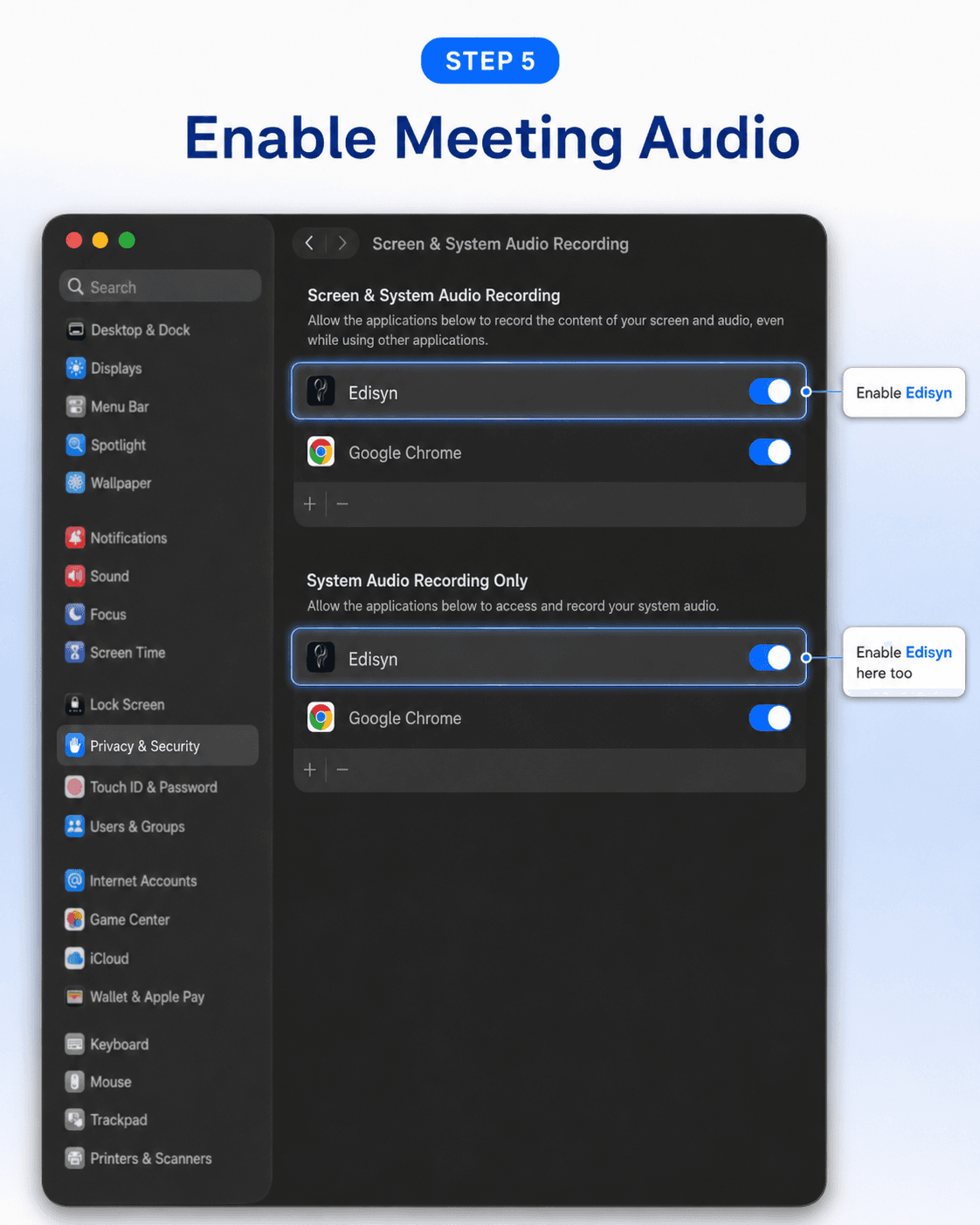 Step 5 — switch Edisyn on in both audio lists.